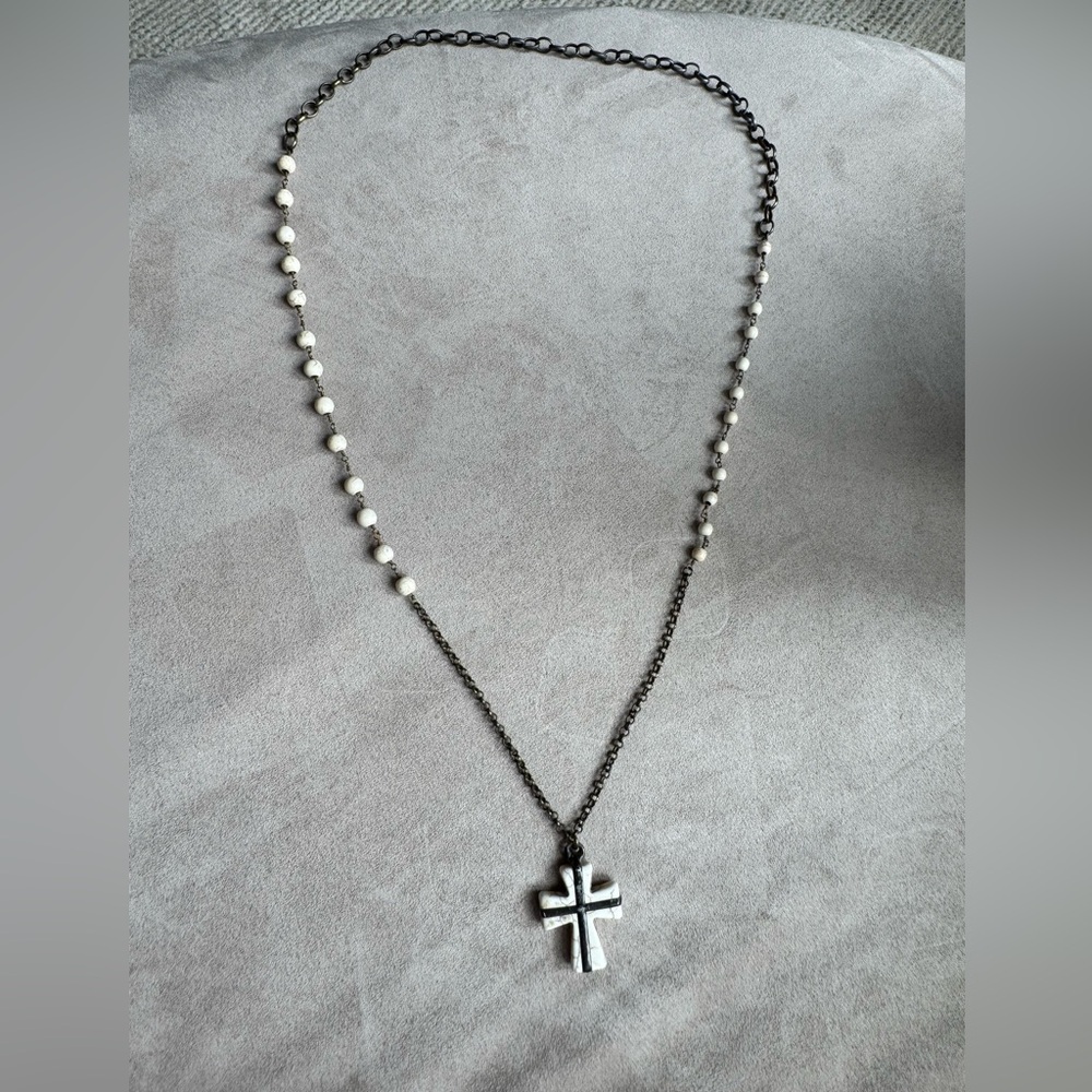 Elegant Cross Pendant Necklace with Ivory Beads